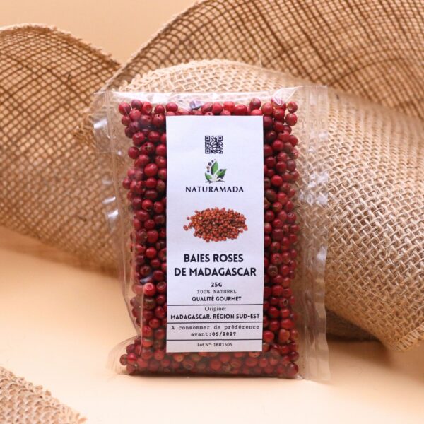 Baies roses entières – 25 g – récoltées à Madagascar, saveur douce et poivrée – Naturamada